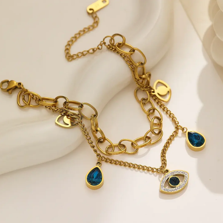 Crystal-Studded 2-Layered Evil Eye Bracelet