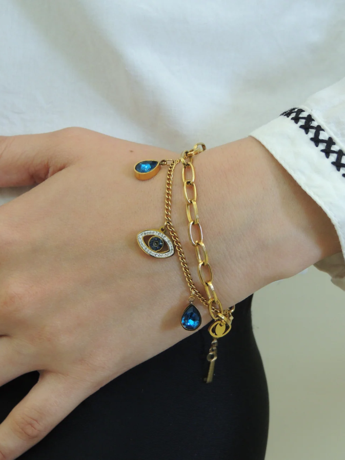 Crystal-Studded 2-Layered Evil Eye Bracelet
