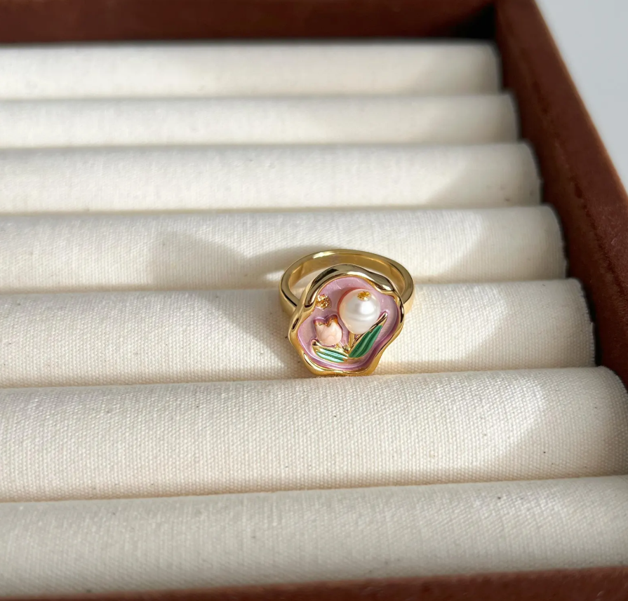 Enamel Flower Pearl Ring