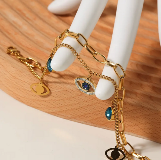 Crystal-Studded 2-Layered Evil Eye Bracelet