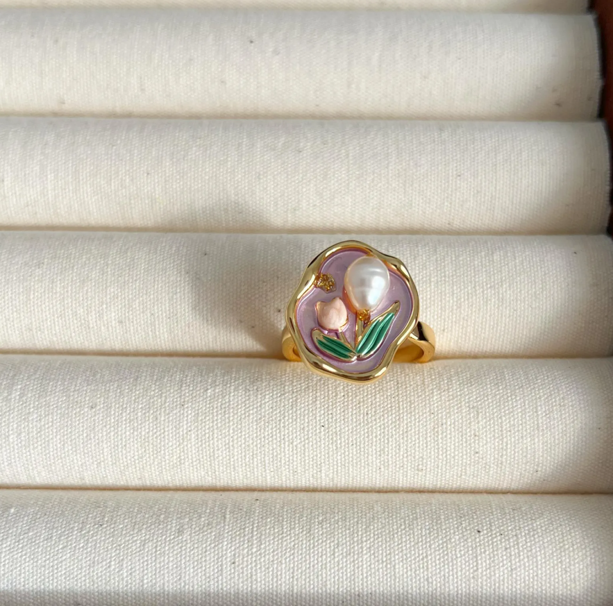 Enamel Flower  Pearl Ring
