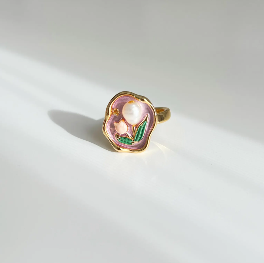 Enamel Flower  Pearl Ring