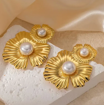 Golden Blossom Pearl Statement Earrings
