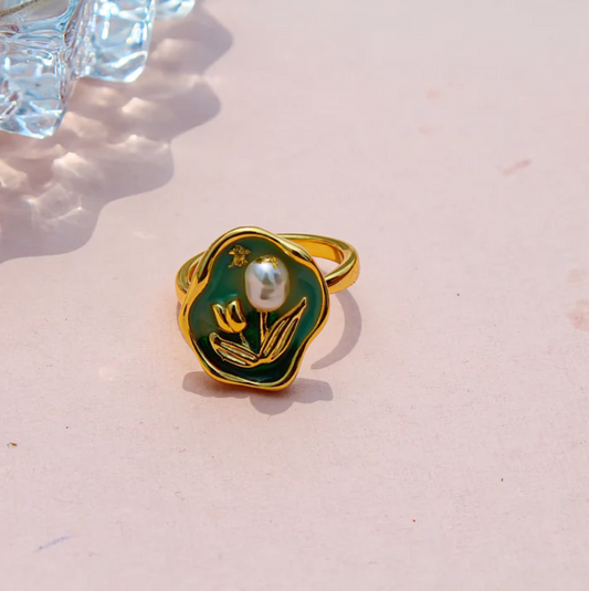 Enamel Flower  Pearl Ring