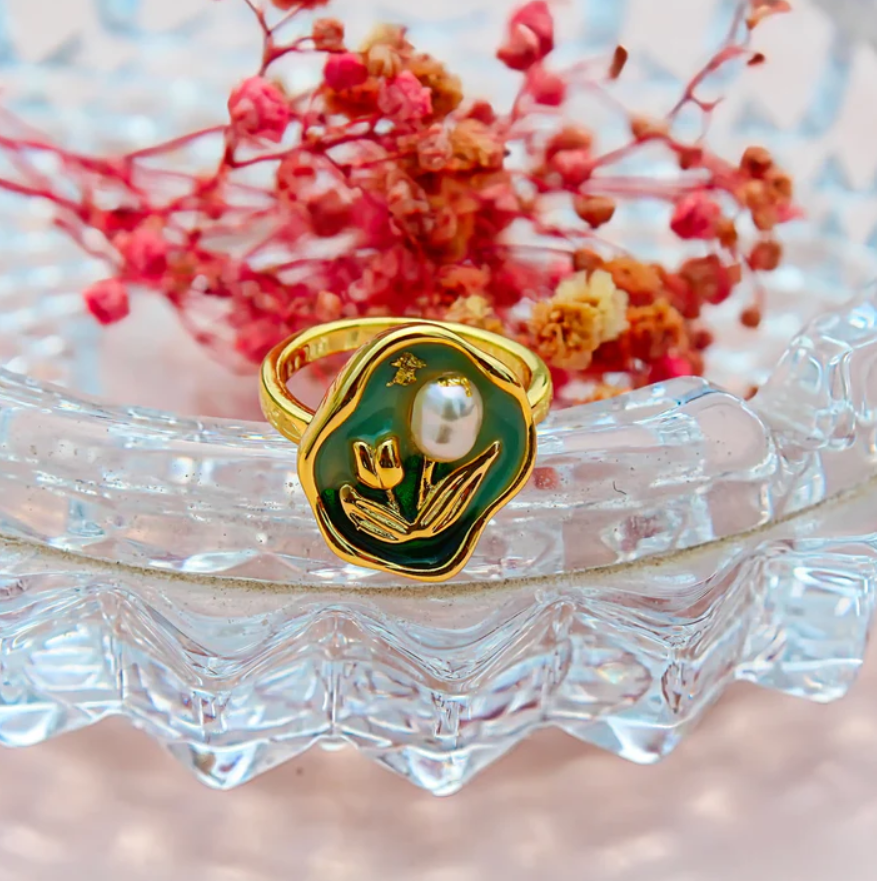Enamel Flower  Pearl Ring