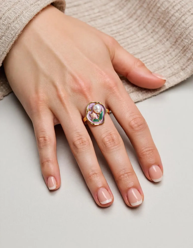 Enamel Flower  Pearl Ring